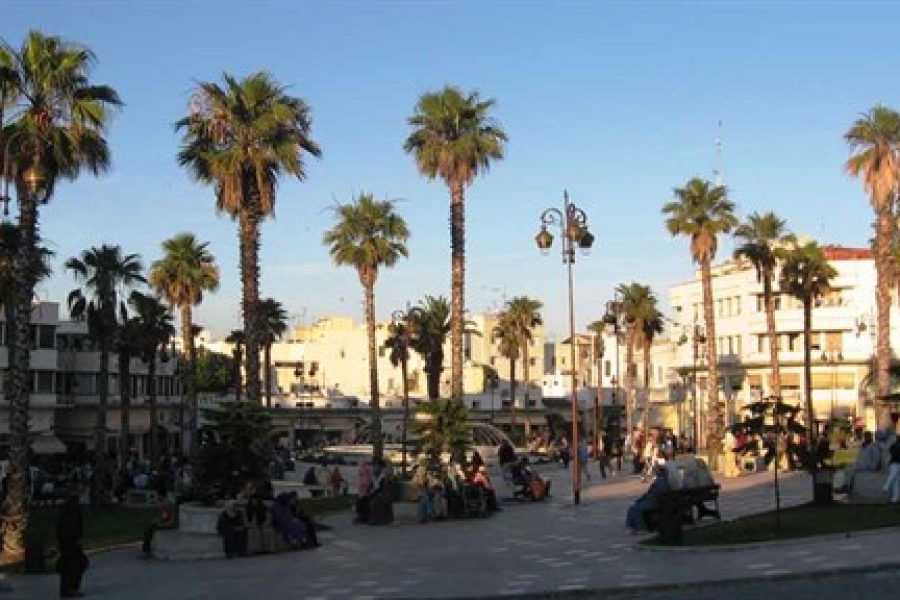 Plaza 9 de Abril de Tánger al atardecer con palmeras altas, viajeros sentados y edificios del centro histórico al fondo