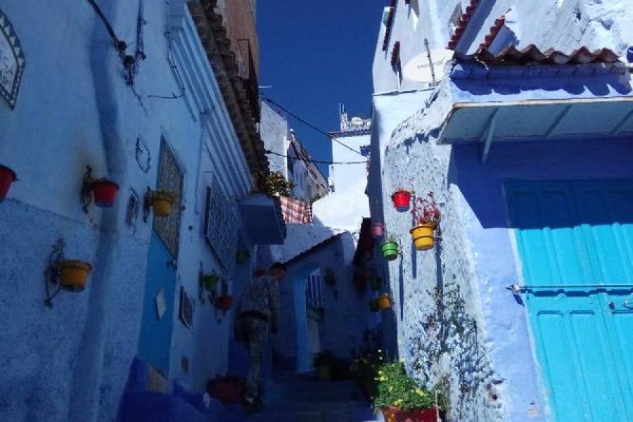 Callejuela con paredes azules y macetas de colores en la medina de Chefchaouen