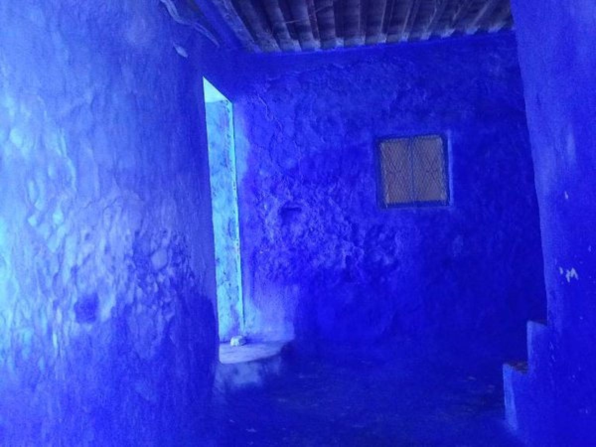 Interior con paredes azules intensas y vigas de madera en una riad de Chefchaouen