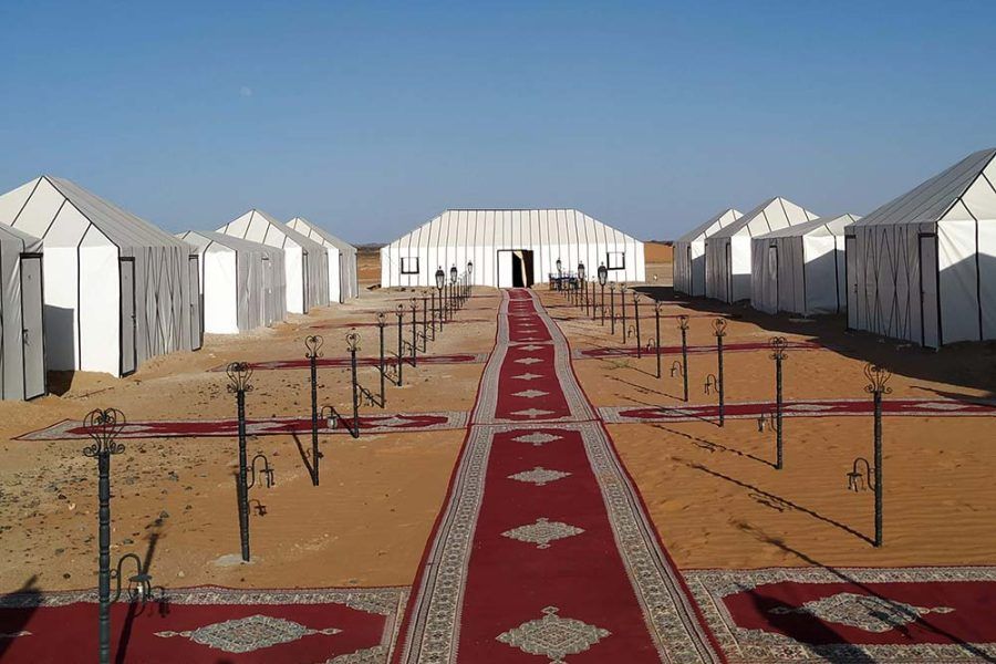 Campamento de jaimas blancas de lujo en el desierto de Merzouga con pasillo de alfombras rojas, farolas de forja y cielo azul despejado