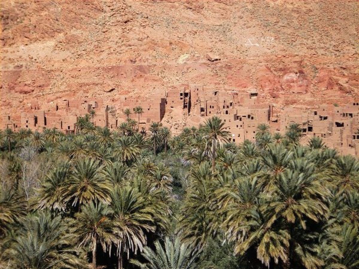 Pueblo bereber de Tinerghir con casas de adobe y terrazas cultivadas en las montañas marroquíes
