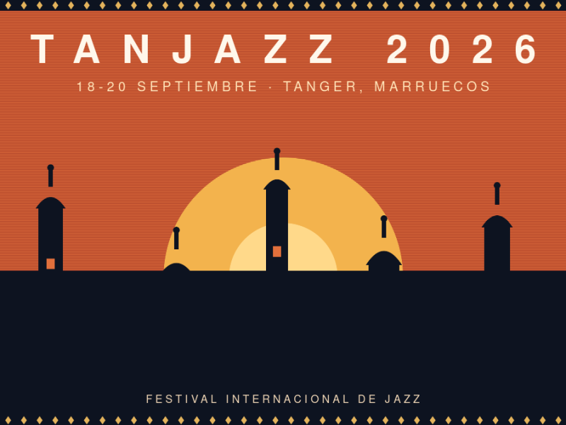 Ilustración del festival Tanjazz 2026 en Tánger, Marruecos, con el perfil de la medina y notas musicales