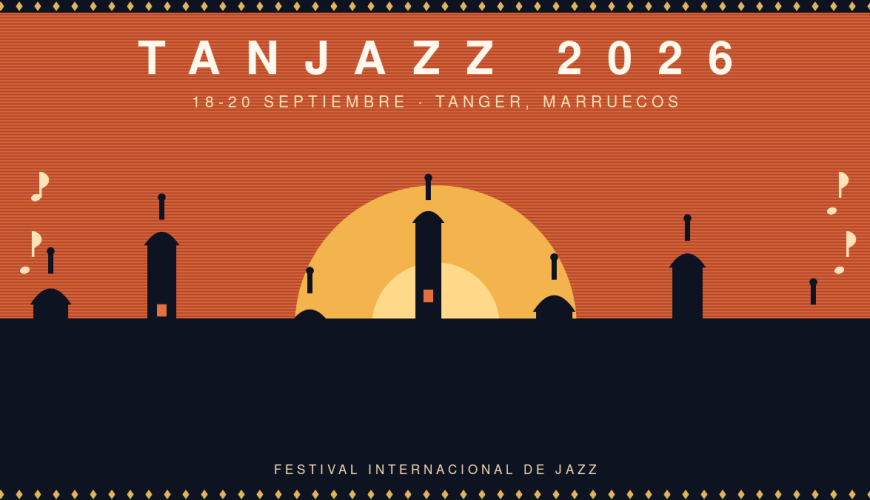 Ilustración del festival Tanjazz 2026 en Tánger, Marruecos, con el perfil de la medina y notas musicales