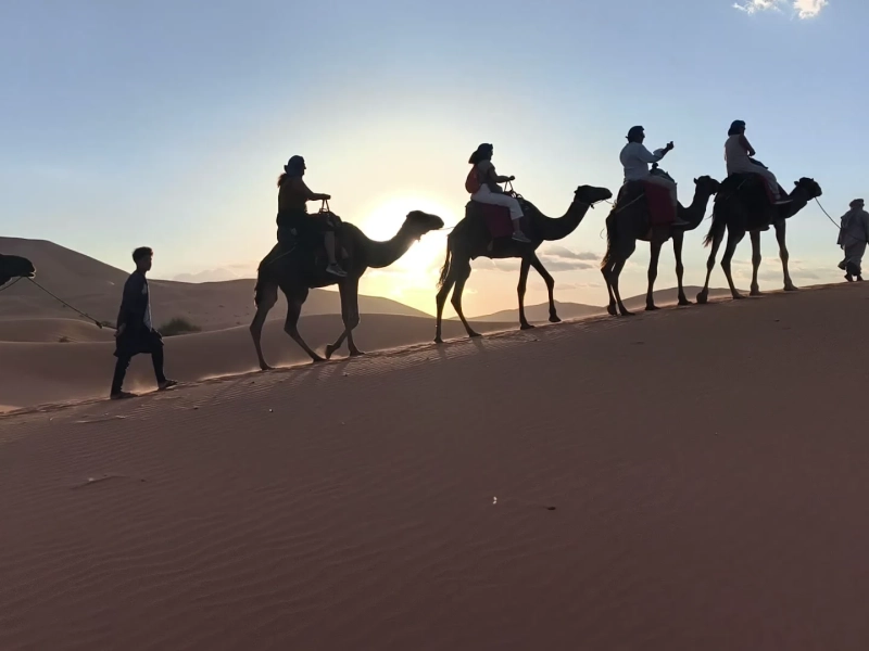 Camellos y viajeros a contraluz caminando por una duna de Merzouga con el sol al fondo